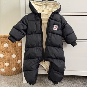 Black Hooded Baby Snowsuit with Bear Patch